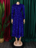 Plus Size Solid Color Sequin Long Sleeve Midi Dress GATE-469