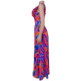 Sleeveless Ruffles Print Maxi Dress BY-7512