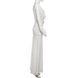 Long Sleeve Pleated Solid Maxi Dress GYME-K25D80023