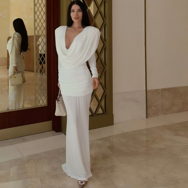 Long Sleeve Pleated Solid Maxi Dress GYME-K25D80023