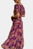 Plus Size Mesh Print V Neck Maxi Dress GRNH-002