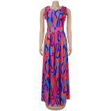 Sleeveless Ruffles Print Maxi Dress BY-7512