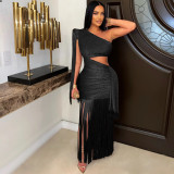 Single Shoulder Tassel Maxi Dress GTYZ-7536