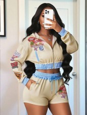 Contrast Color Print Hooded Shorts Casual Suit GBGF-25091201