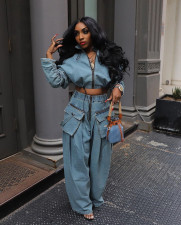 Casual Loose Zipper Denim Two Piece Pants Set GZCF-30059