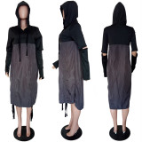 Long Sleeve Patchwork Hooded Long Dress LSL-6191