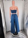 Fashion Denim Wrap Chest Wide Leg Pans Suit FYWF-YW0869