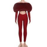 One Shoulder Fur Patchwork Jumpsuit XEF-K25Q80364