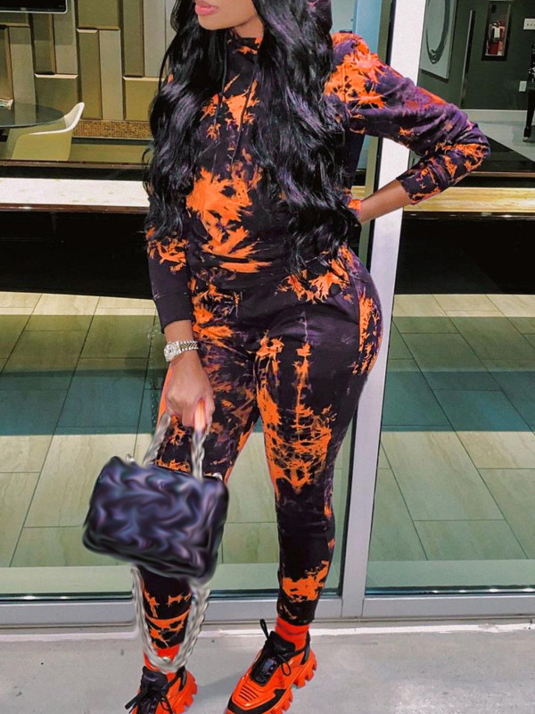 Tie Dye Print Hooded Two Piece Pant Set YH-5194