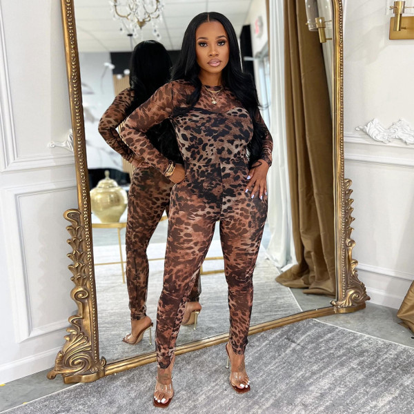 Leopard Mesh Print See Through Jumpsuit BY-7541