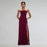 Sexy Solid Color Chain Sling Split Maxi Dress BY-7522