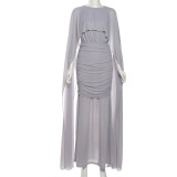 Pleated Ribbon Solid-color Maxi Dress XEF-K25D82046