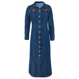 Long Sleeve Single Breasted Denim Maxi Dress GDAM-218627