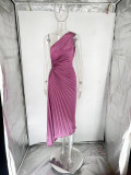 Single Shoulder Slash Neck Pleated Long Dress GTJR-RC3162