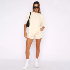 Short Sleeve Solid Two Piece Shorts Set SSNF-211299