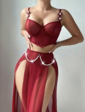 See Mesh Pearl Chain Lingerie Skirt Set GAXL-DZ07