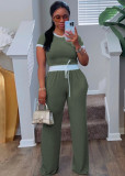 Rib Contrast Color Short Sleeve Pants Suit HNIF-M3152