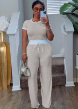 Rib Contrast Color Short Sleeve Pants Suit HNIF-M3152
