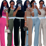 Rib Contrast Color Short Sleeve Pants Suit HNIF-M3152
