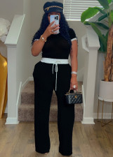 Rib Contrast Color Short Sleeve Pants Suit HNIF-M3152