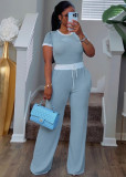Rib Contrast Color Short Sleeve Pants Suit HNIF-M3152