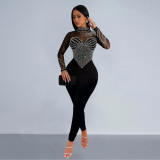 Solid Color Mesh Hot Drill Jumpsuit  GFYX-6912