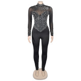 Solid Color Mesh Hot Drill Jumpsuit  GFYX-6912