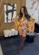 Print Long Sleeve Ruffles Two Piece Shorts Set MDF-L5553