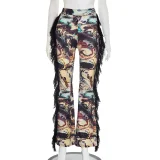 Colorful Print Tassel Fur Patchwork Pants MXBF-J25PT288