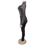 Solid Color Mesh Hot Drill Jumpsuit  GFYX-6912