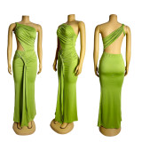 Solid Color Single Shoulder Pleated Maxi Dress GZIY-ZY6238