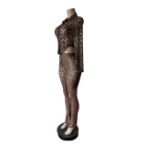 Mesh Leopard Print Long Sleeve Pants Suit MEM-88667