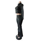 Long Sleeve Zipper Top PU Pants 2 Piece Set MEM-88666