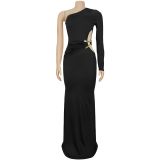 Singlle Shoulder Long Sleeve Maxi Dress BY-7543