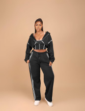 Patchwork Hooded Sweatshirt Three-Piece Pants Set YMEF-57095