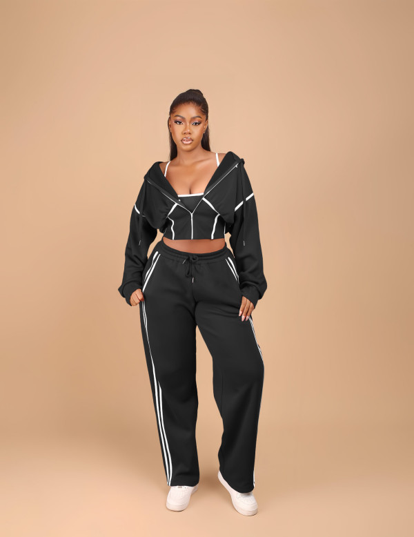 Patchwork Hooded Sweatshirt Three-Piece Pants Set YMEF-57095
