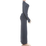 Solid Color Pleated Long Sleeve Maxi Dress GZJQ-K25D81552