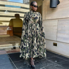 Camouflage Print Press Pleated Long Dress YF-20056