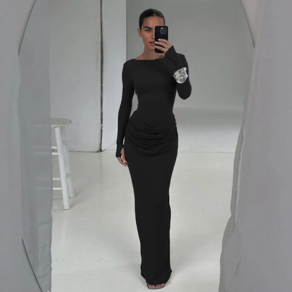Solid Color Pleated Long Sleeve Maxi Dress GZJQ-K25D81552