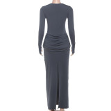 Solid Color Pleated Long Sleeve Maxi Dress GZJQ-K25D81552