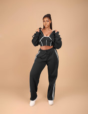 Patchwork Hooded Sweatshirt Three-Piece Pants Set YMEF-57095