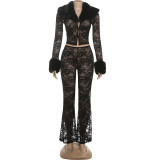 Lace Fur Neck See Through Two Piece Pants Set GSLF-K25S82350