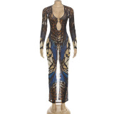 Print Patchwork Long Sleeve Split Maxi Dress DLSF-K25D81202