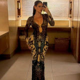Print Patchwork Long Sleeve Split Maxi Dress DLSF-K25D81202