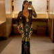 Print Patchwork Long Sleeve Split Maxi Dress DLSF-K25D81202