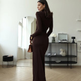 Long Sleeve Solid Color Split Maxi Dress GAXB-W414DS