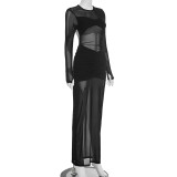 Solid Color Mesh Pleated Maxi Dress GSZM-C25DS287