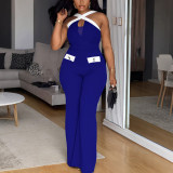 Plus Size Contrast Color Cross Halterneck Loose Jumpsuit NY-11216