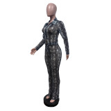 Mesh Print Long Sleeve Two Piece Pants Set MEM-88668