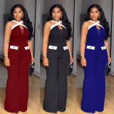 Plus Size Contrast Color Cross Halterneck Loose Jumpsuit NY-11216